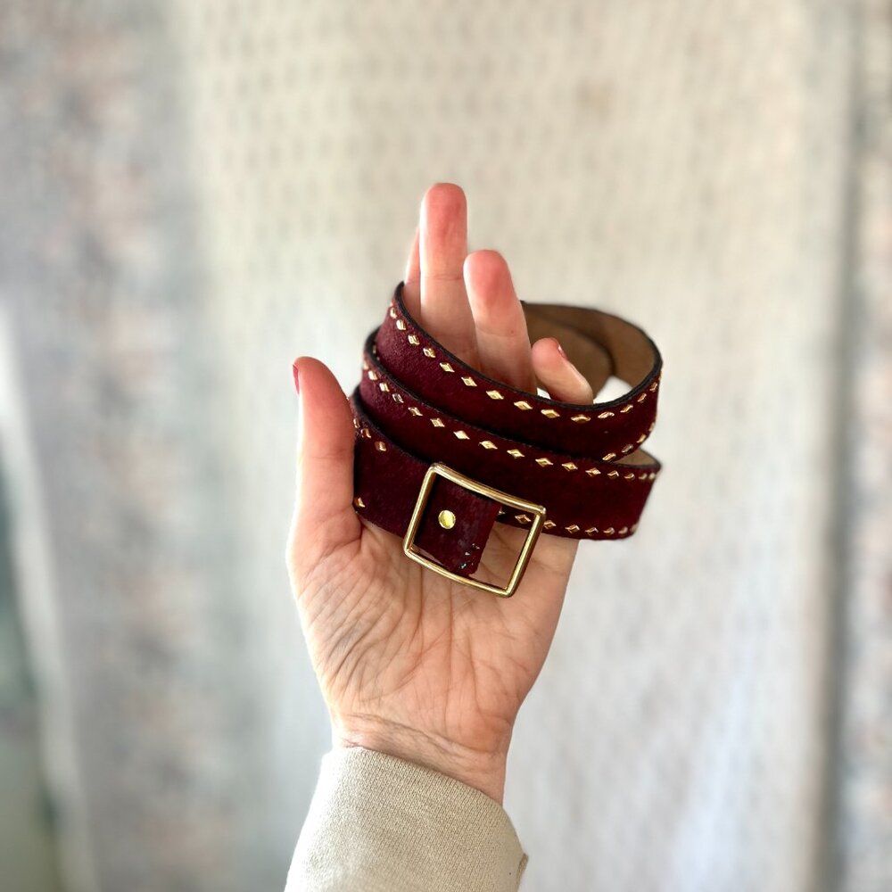 Anne Klein Rust-Brown Genuine Suede Leather Belt with Gold Metal Embellishments